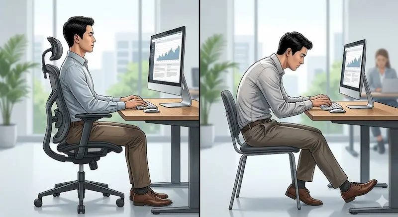 올바른 앉은 자세와 잘못된 자세 비교