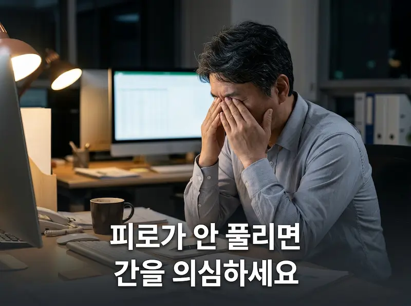간 건강 경고 신호 – 피로에 지쳐 눈을 비비는 중년