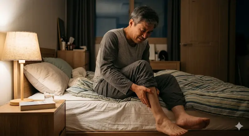 밤에 다리 근육 경련으로 종아리를 잡고 있는 중년 남성