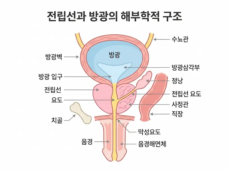 방광 아래 요도를 감싸고 있는 전립선 위치 구조도