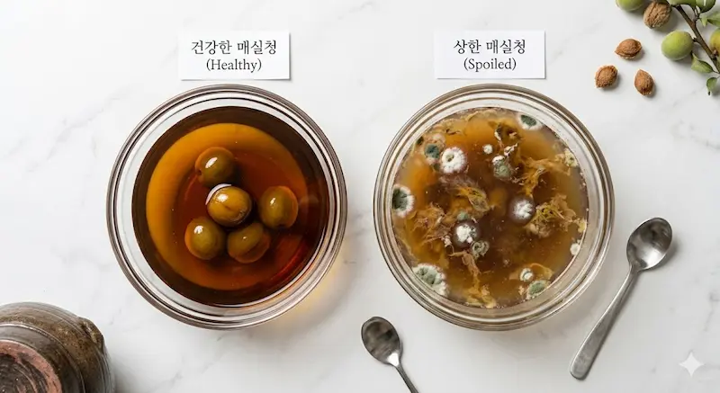정상 매실액과 상한 매실액 비교 – 색상과 점도 차이