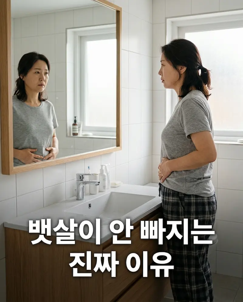 내장지방 빼는 방법 – 거울 앞에서 뱃살을 잡고 있는 중년
