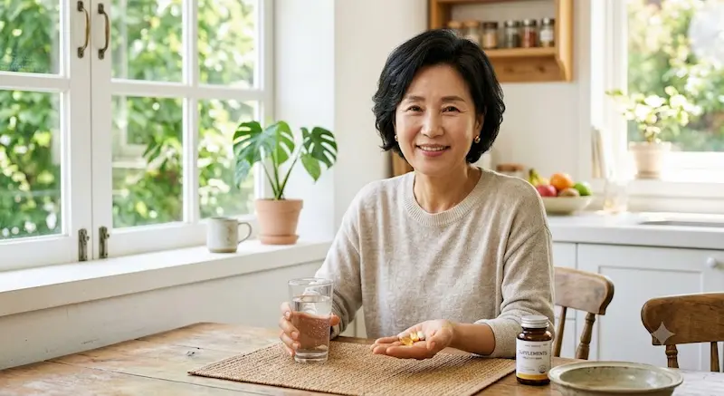여름철 아침 식탁에서 영양제를 챙겨 먹는 50대 여성