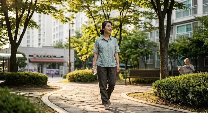 식후 걷기 혈당 효과 — 10분 산책이 혈당 스파이크를 막는 이유 식사 후 아파트 단지 산책하는 50대 여성 식후 혈당 관리