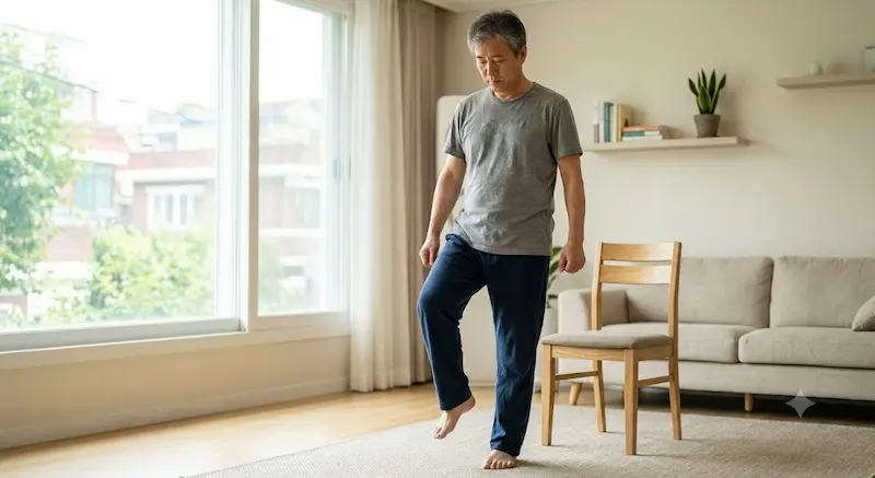코어 자가진단 — 한 발 서기 균형 테스트를 하는 50대 남성
