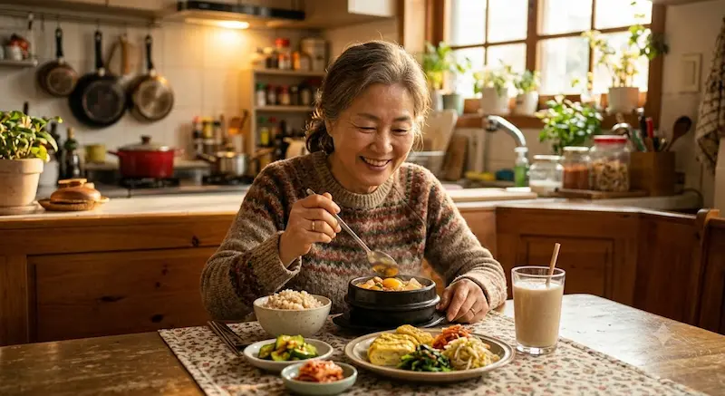 노인 단백질 식단과 뇌 건강 — 근감소증 예방을 위한 균형 잡힌 식사 균형 잡힌 식사와 단백질 보충제를 함께 챙기는 건강한 60대 여성