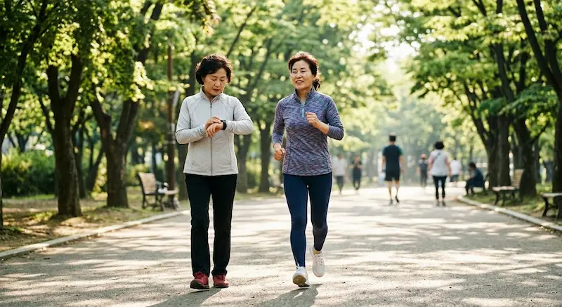 노인 치매 예방 운동 — 인터벌 걷기와 주 150분 중등도 운동 가이드 공원에서 인터벌 걷기 운동을 하는 60대 여성 두 명 치매 예방 운동