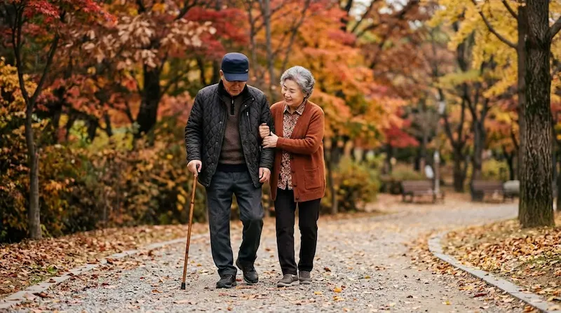 노인 근감소증과 보행 장애 — 치매 위험 신호 공원에서 느린 걸음으로 산책하는 노부부 근감소증 보행 장애