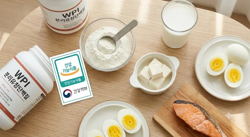 노인 단백질 보충제 선택 기준 — WPI 분리유청단백질과 소화 잘되는 식품 노인 단백질 보충제 분리유청단백질 WPI 두부 계란 연어 건강기능식품 마크