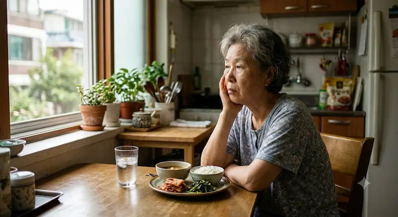 여름철 식욕 저하와 기력 저하로 지쳐 있는 60대 여성