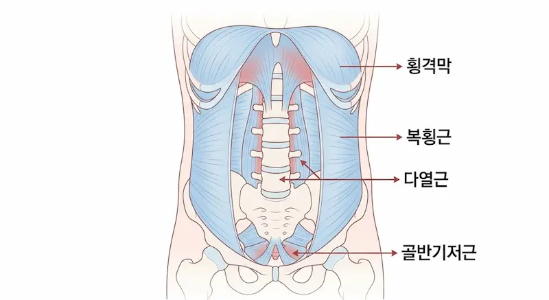 이너코어 4대 근육 구조 — 횡격막 복횡근 다열근 골반기저근