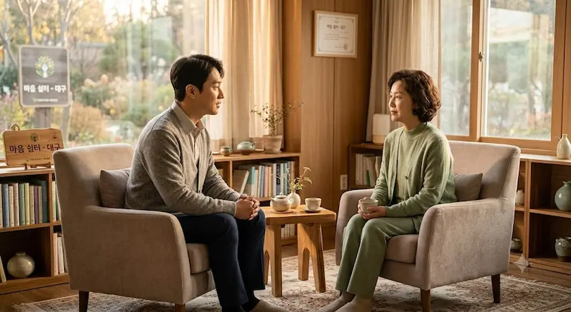 아늑하고 따뜻한 분위기의 상담실에서 전문 상담사와 대화를 나누며 마음의 안정을 찾고 있는 모습