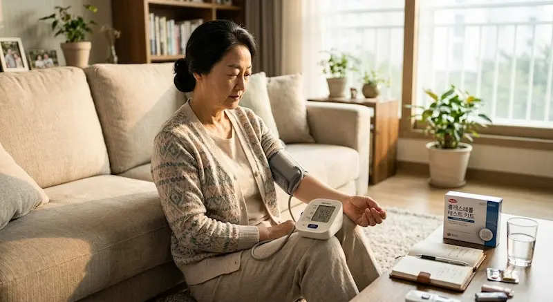 집에서 혈압을 측정하며 혈당 고혈압 고지혈증을 함께 관리하는 50대 여성