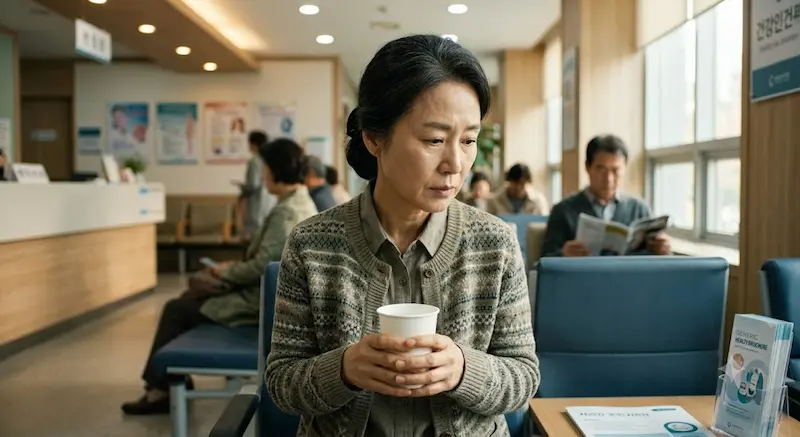 건강검진 대기실에서 혈당 결과를 기다리며 생각에 잠긴 50대 여성