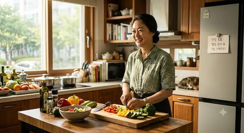 당뇨병 전단계 생활습관 변화 — 작은 실천이 정상 혈당을 만듭니다 건강한 식단을 준비하며 미소 짓는 50대 여성 당뇨 전단계 생활습관 변화