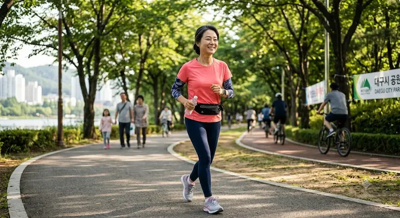아침 공원에서 걷기 운동을 하는 50대 여성 당뇨병 전단계 생활습관 관리