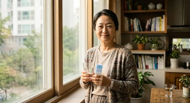 아침 창가에서 영양제와 물을 챙기며 미소 짓는 50대 여성 당뇨 전단계 관리 루틴