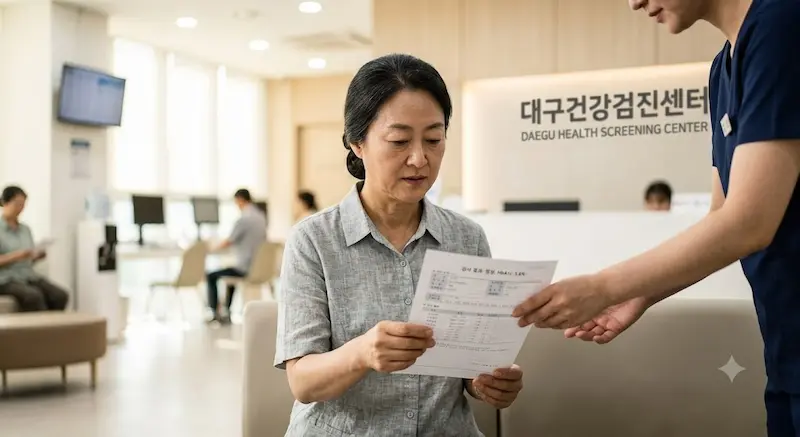 건강검진 센터에서 당화혈색소 검사 결과지를 확인하는 50대 여성