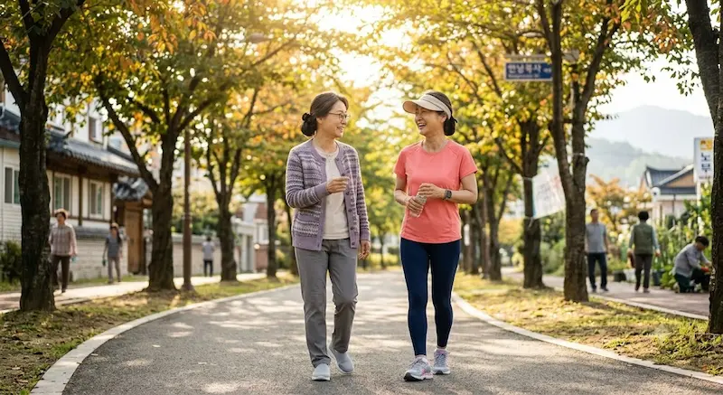 당뇨병 전단계 운동법 — 50대 여성 주 150분 걷기 실전 가이드 아침 동네 산책로에서 걷기 운동하는 50대 여성 두 명 당뇨 예방