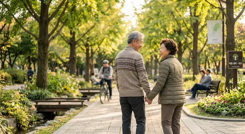 따뜻한 햇살 아래 공원을 함께 산책하며 미소 짓는 60대 중장년 부부의 모습