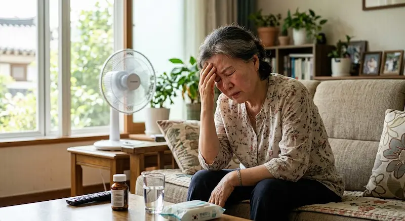 여름 더위에 어지러움을 느끼며 이마를 짚고 있는 60대 여성