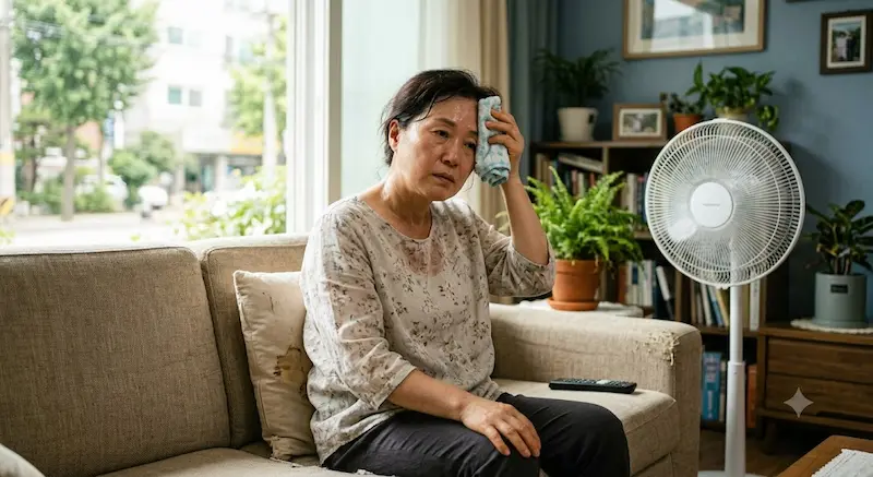 50대 여성 여름 기력 저하 — 호르몬 변화와 체온 조절 문제 여름철 더위에 지쳐 소파에 앉아 땀을 닦고 있는 50대 여성