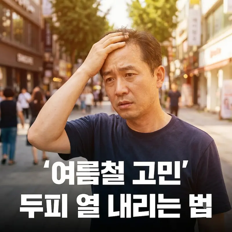 여름철 정수리 탈모가 걱정되어 거울 앞에서 두피를 확인하는 50대 남성