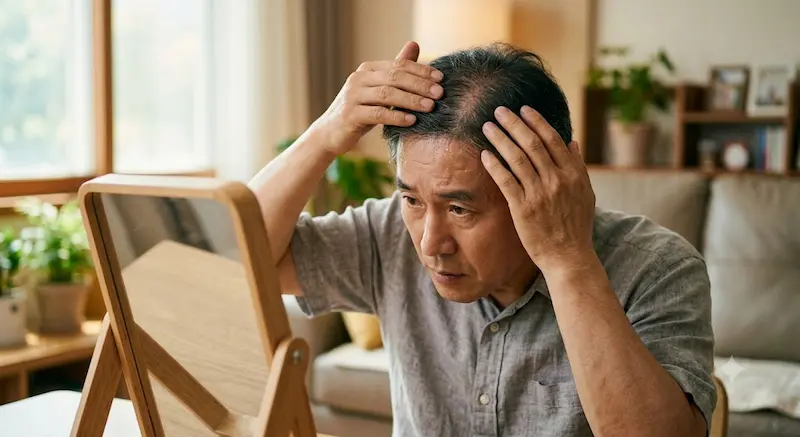 여름철 두피 열감과 정수리 탈모 걱정 — 50대 남성 두피 자가 점검 여름철 정수리 탈모가 걱정되어 거울 앞에서 두피를 확인하는 50대 남성