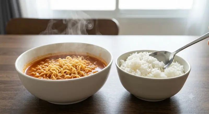 김이 모락모락 나는 라면 한 그릇 옆에 놓인 흰 쌀밥과 국물에 말기 위해 숟가락을 든 모습.