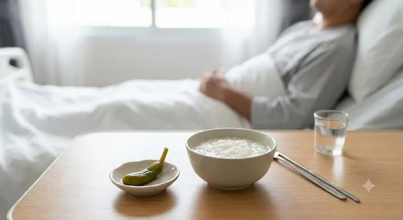 병원 침대 옆 테이블에 놓인 따뜻한 흰죽 한 그릇과 소량의 마늘 장아찌, 물 한 잔.