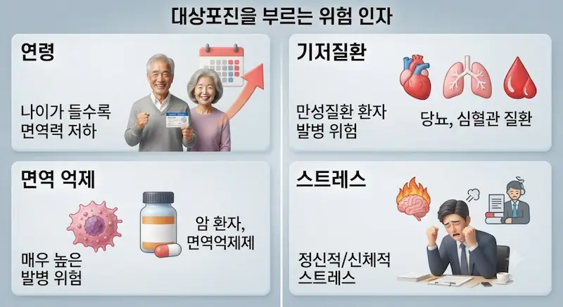 대상포진 발병을 유발하는 주요 위험 요소를 4가지 카테고리로 분류한 인포그래픽. 노인(나이), 만성질환자(당뇨, 심혈관), 암 환자/면역억제제 복용자(면역 저하), 스트레스 받는 직장인이 아이콘과 함께 시각화되어 있다.