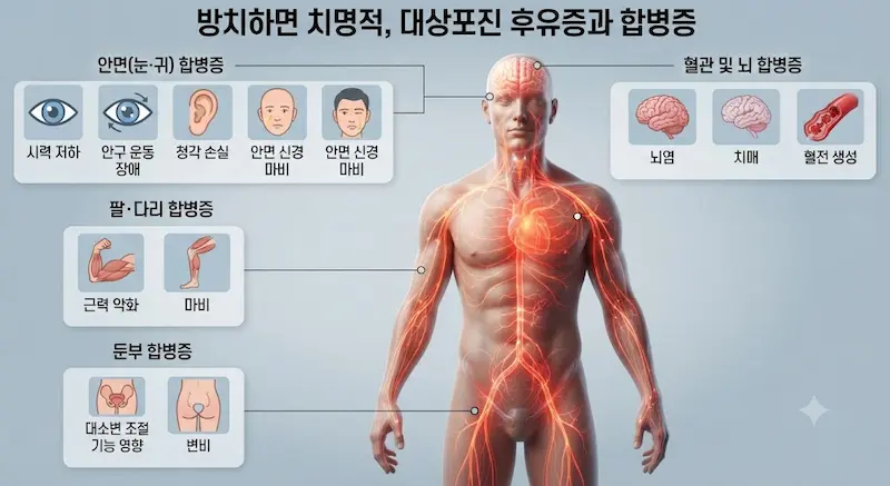 인체 모형을 중심으로 대상포진 바이러스가 침범하여 일으키는 다양한 합병증을 부위별로 설명하는 3D 다이어그램. 얼굴(실명, 안면마비), 팔·다리(마비), 둔부(배뇨 장애), 뇌·혈관(뇌졸중, 치매) 아이콘이 해당 부위에 연결되어 있다.