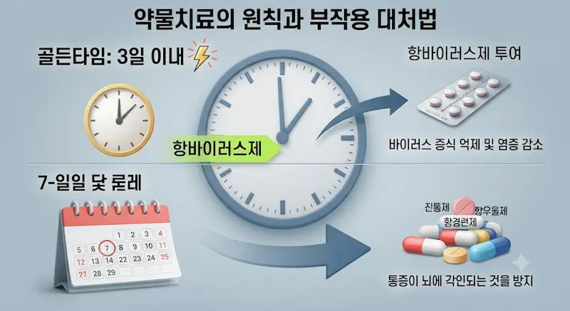 대상포진 약물치료의 핵심 원칙을 시간 축과 알약 아이콘으로 표현한 인포그래픽. '골든타임 3일 이내' 항바이러스제 투여가 강조되어 있고, 7일간 바이러스 증식을 억제하는 과정이 시계와 달력으로 시각화되어 있다.