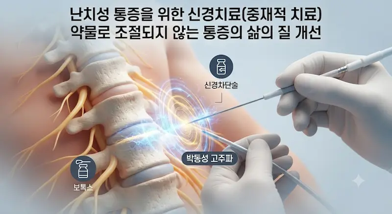 약물로 조절되지 않는 난치성 대상포진 통증을 치료하는 현대적인 중재적 시술을 보여주는 3D 일러스트. 척추 부위에 주사기와 카테터가 삽입되어 신경 뿌리의 염증을 줄이는 과정이 표현되어 있다. '신경 파괴' 방식이 아닌 '신경 교란' 방식임을 강조하는 아이콘이 포함됨.