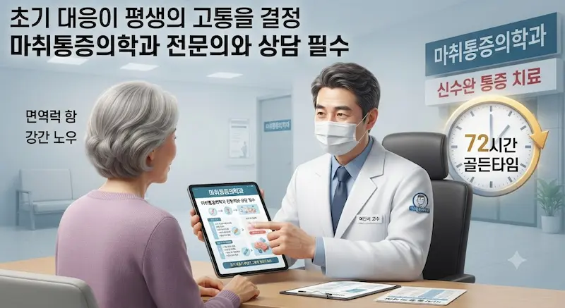 마취통증의학과 전문의(여진석 교수)가 환자와 상담하며 치료 계획을 세우는 모습을 담은 3D 일러스트. '72시간 골든타임'을 강조하는 시계와 '마취통증의학과' 간판이 배경에 보인다.