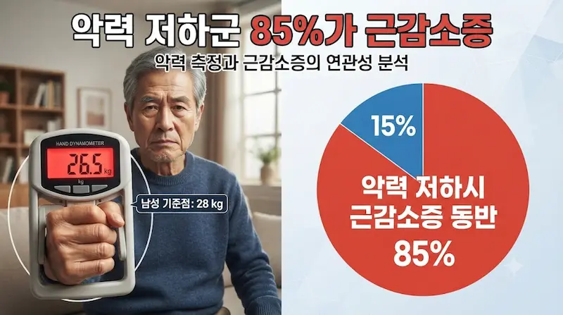 남성 28kg 미만, 여성 18kg 미만의 악력계를 측정하는 노인과, 악력 저하군 중 85%가 근감소증을 겪는다는 수치를 보여주는 이미지.