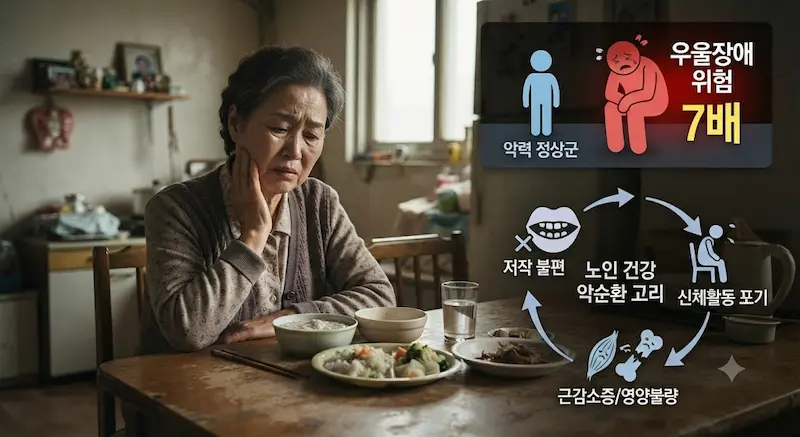 식사 중 음식을 씹는 데 어려움을 겪으며 우울해하는 노인의 표정과, 악력 저하군이 정상군 대비 우울장애 위험이 7배 높다는 텍스트가 함께 배치된 이미지.