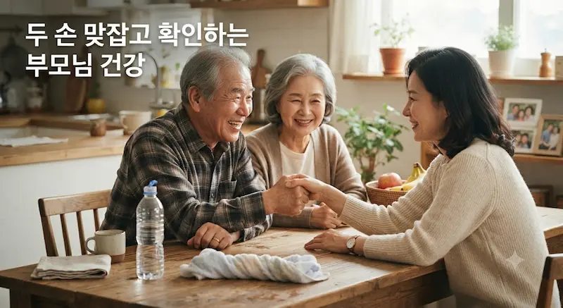 자녀와 함께 다정하게 손을 맞잡고 서로의 악력을 확인하며 미소 짓는 노부부의 모습.