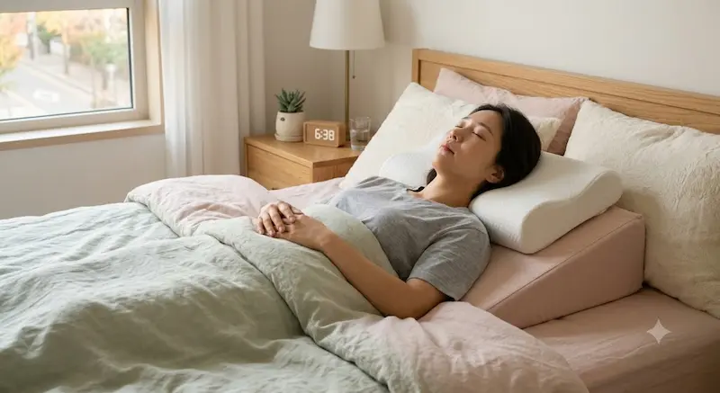 이석증 환자가 경추 베개를 베고 상체를 약간 높여 편안하게 누워있는 모습