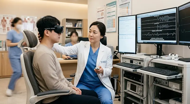 이비인후과 전문의가 안진 검사 장비로 어지럼증 환자를 진료하는 모습