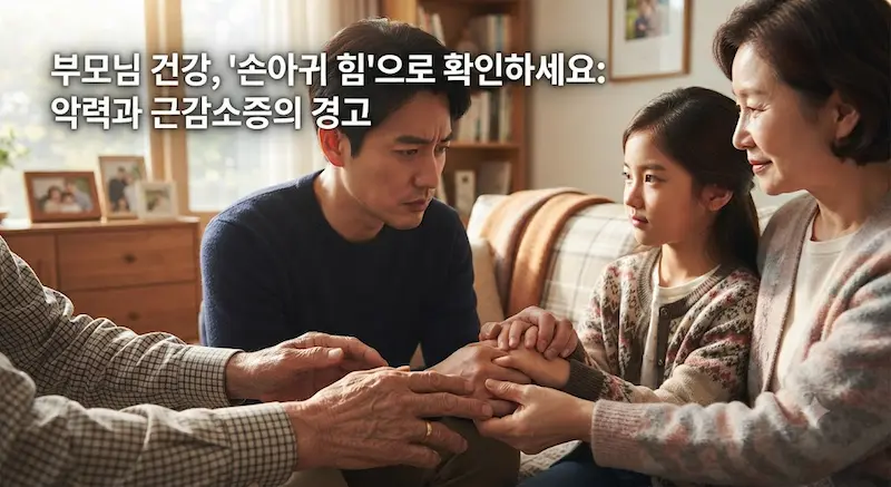 노인의 손을 꼭 잡고 걱정스러운 표정으로 바라보는 중년 자녀의 모습. 따뜻하면서도 긴장감이 감도는 분위기.