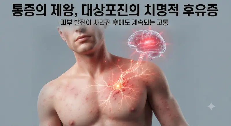 대상포진의 피부 발진이 사라진 후에도 극심한 신경통이 남아 고통스러워하는 환자의 모습을 3D 일러스트로 표현. 뇌 모양의 아이콘이 신경을 따라 붉게 빛나며 '통증의 제왕'이라는 문구가 강조되어 있다.