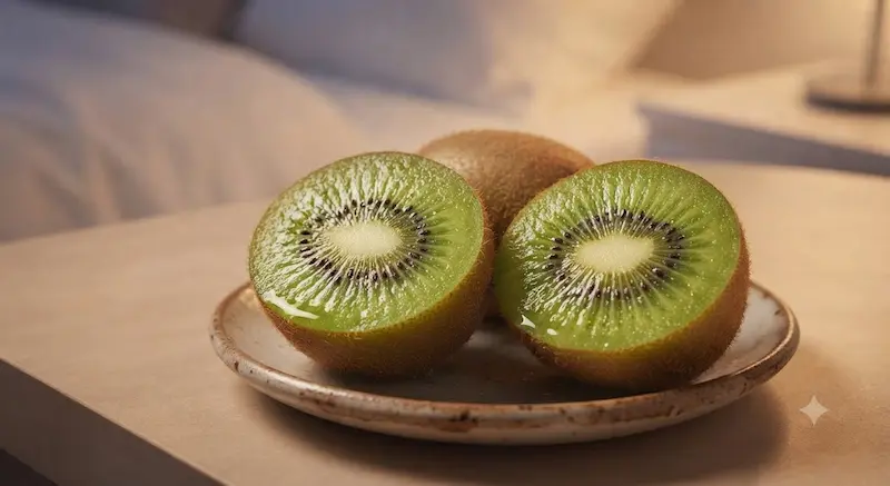 수면 효율을 높이는 세로토닌과 엽산이 풍부한 반으로 자른 신선한 키위.