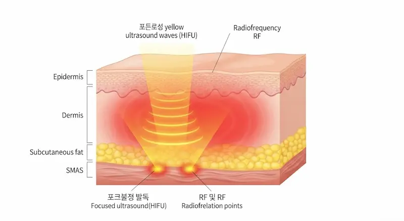 피부 단면도에 초음파(HIFU)와 고주파(RF)의 에너지 전달 깊이를 시각화한 의료 일러스트.