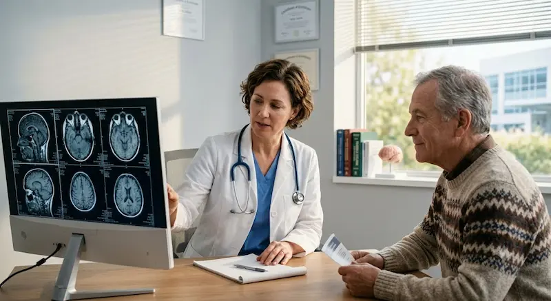 뇌 MRI 검사 결과를 보며 환자와 진료 상담을 나누는 신경외과 전문의