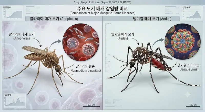 말라리아 얼룩날개모기 뎅기열 흰줄숲모기 비교