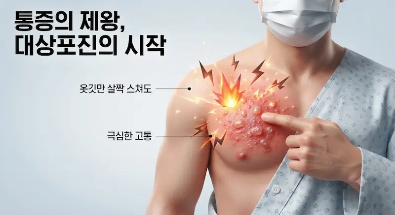 대상포진 환자의 가슴과 등에 나타난 띠 모양의 붉은 발진과 수포 병변. 환자가 통증 부위를 가리키며 고통스러워하고 있으며, 주변으로 불꽃과 전기 스파크 아이콘이 퍼져 나가는 3D 의료 일러스트.