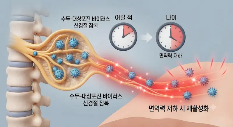 인체 내부 척추 신경절의 3D 단면도. 어린 시절 감염된 수두 바이러스(푸른색)가 신경절에 잠복해 있다가, 나이와 면역력 저하로 인해 재활성화(붉은색)되어 신경을 타고 피부 표면으로 이동하는 과정을 단계별로 보여주는 인포그래픽.