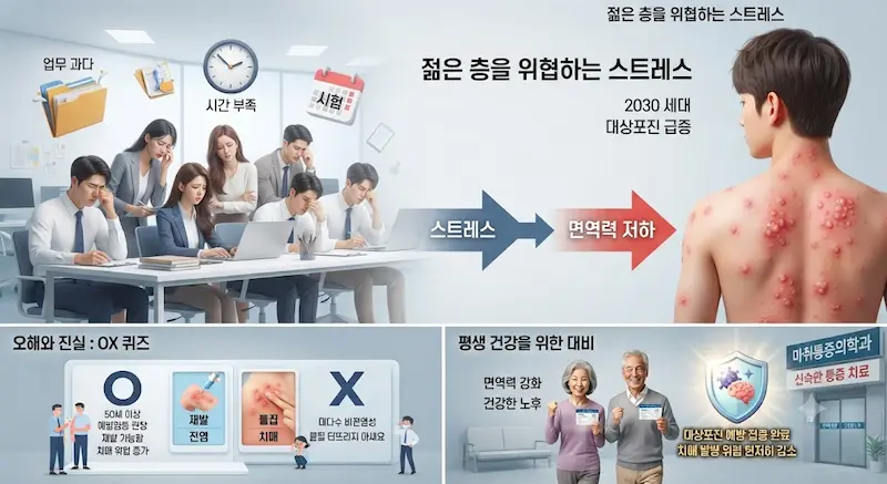 학업과 업무, 다이어트 등으로 극심한 스트레스를 받는 2030 세대 젊은 남녀들의 모습. 번아웃, 시험, 시간 부족 아이콘에 둘러싸여 있으며, 한 젊은 남성의 등에 대상포진 수포가 나타난 것을 보여주는 3D 일러스트.