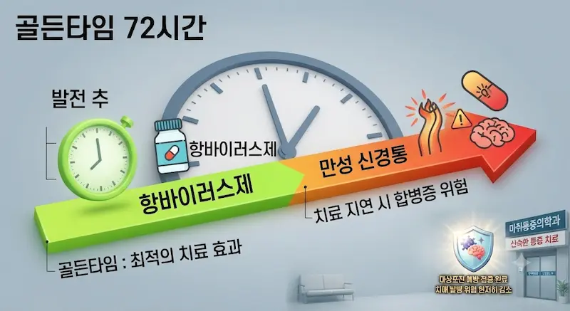 대상포진 치료의 골든타임을 강조한 타임라인과 시계. 발진 후 72시간 이내는 초록색으로 표시되며 '항바이러스제' 투여와 '최적의 치료 효과'를 의미하는 아이콘이 배치됨. 72시간 이후는 주황색/붉은색으로 변하며 '치료 지연 시 합병증 위험'과 '만성 신경통' 아이콘이 있음.